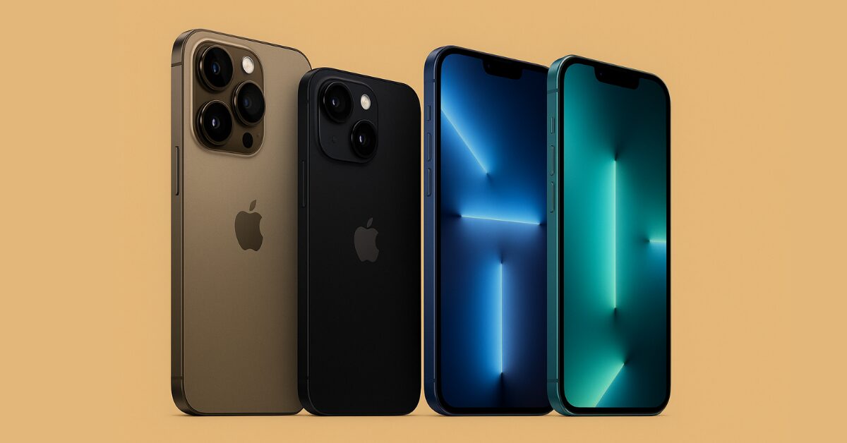 A lineup of four Apple iPhone 16 models standing upright against a desert-colored background, showcasing official Apple default wallpapers on their displays.
