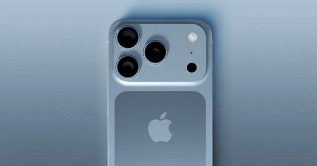 Leaked image of the iPhone 17 Pro in blue showing its redesigned rear camera layout and dual-tone finish