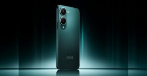 iQOO Z10 Lite 5G in Cyber Green color variant standing upright on a dark teal background, showcasing its sleek matte finish and dual-camera setup