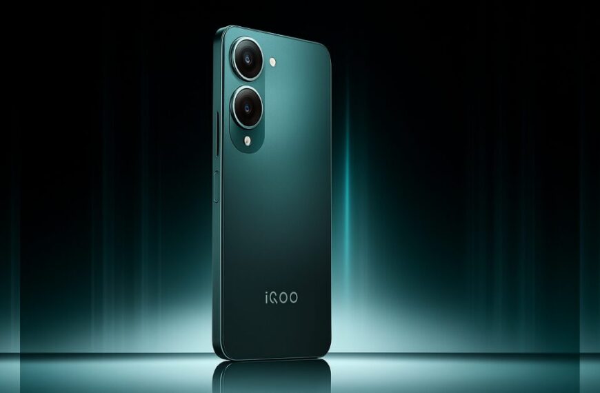 iQOO Z10 Lite 5G in Cyber Green color variant standing upright on a dark teal background, showcasing its sleek matte finish and dual-camera setup