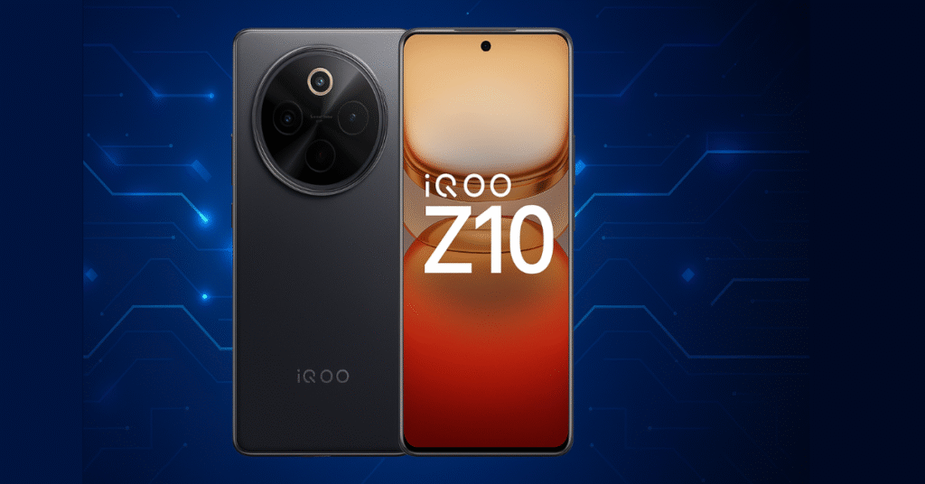 iQOO Z10 smartphone front and back view against a bold, high-contrast tech background