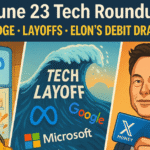 Split-screen illustration of June 23 tech news: AI fridge in Indian kitchen with dal spill, a tsunami labeled 'Tech Layoff' hitting Big Tech logos (Google, Meta, Microsoft), and Elon Musk holding a blue X Money debit card.