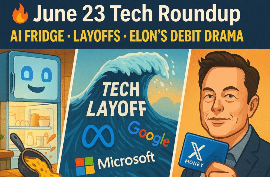 Split-screen illustration of June 23 tech news: AI fridge in Indian kitchen with dal spill, a tsunami labeled 'Tech Layoff' hitting Big Tech logos (Google, Meta, Microsoft), and Elon Musk holding a blue X Money debit card.