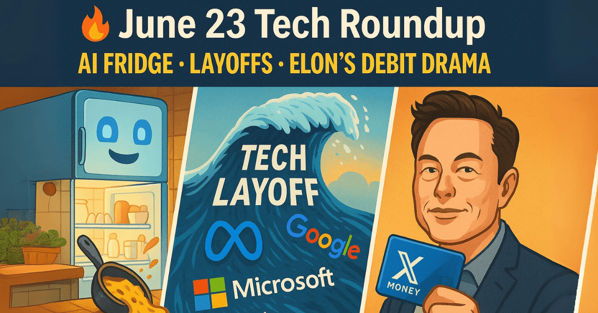 Split-screen illustration of June 23 tech news: AI fridge in Indian kitchen with dal spill, a tsunami labeled 'Tech Layoff' hitting Big Tech logos (Google, Meta, Microsoft), and Elon Musk holding a blue X Money debit card.