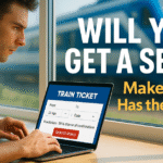 A young man sits by a large window in daylight, focused on booking a train ticket on his laptop. The screen clearly shows a MakeMyTrip booking interface with a “99% chance of confirmation” prediction. A sleek blue train passes outside. Bold white and yellow text beside him reads, “WILL YOU GET A SEAT? MakeMyTrip Has the Answer.”