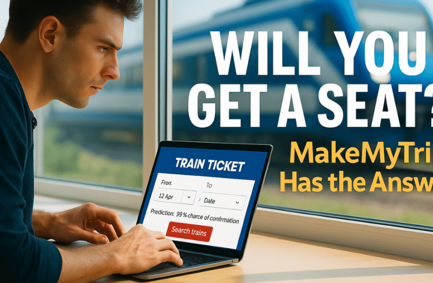A young man sits by a large window in daylight, focused on booking a train ticket on his laptop. The screen clearly shows a MakeMyTrip booking interface with a “99% chance of confirmation” prediction. A sleek blue train passes outside. Bold white and yellow text beside him reads, “WILL YOU GET A SEAT? MakeMyTrip Has the Answer.”