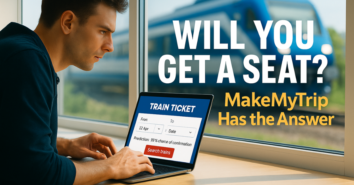 A young man sits by a large window in daylight, focused on booking a train ticket on his laptop. The screen clearly shows a MakeMyTrip booking interface with a “99% chance of confirmation” prediction. A sleek blue train passes outside. Bold white and yellow text beside him reads, “WILL YOU GET A SEAT? MakeMyTrip Has the Answer.”