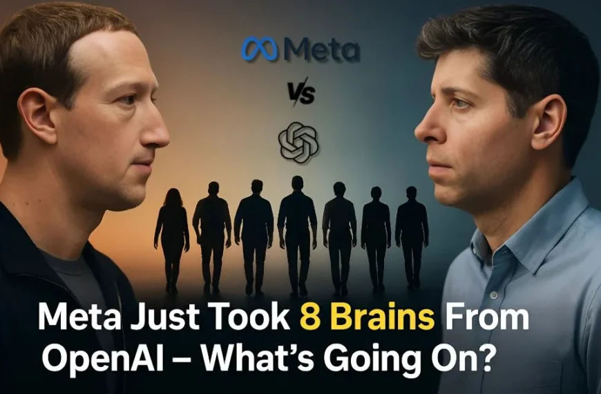 Mark Zuckerberg and Sam Altman stare each other down, symbolizing Meta’s poaching of 8 top OpenAI researchers