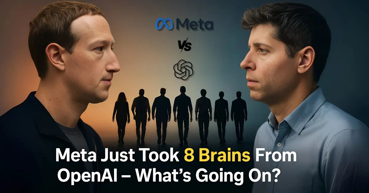 Mark Zuckerberg and Sam Altman stare each other down, symbolizing Meta’s poaching of 8 top OpenAI researchers