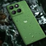 Motorola Edge 60 smartphone in Pantone Shamrock color with triple rear cameras and water droplets on the back panel
