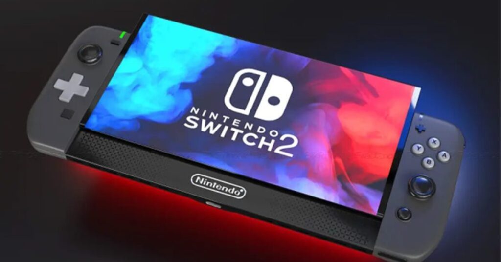 Concept image of the Nintendo Switch 2 handheld console with a vibrant screen displaying the official logo and redesigned controllers.