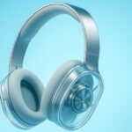 3D-rendered image of Nothing Headphone 1 floating against a glowing sky-blue background, with transparent earcups revealing inner components and a metallic headband