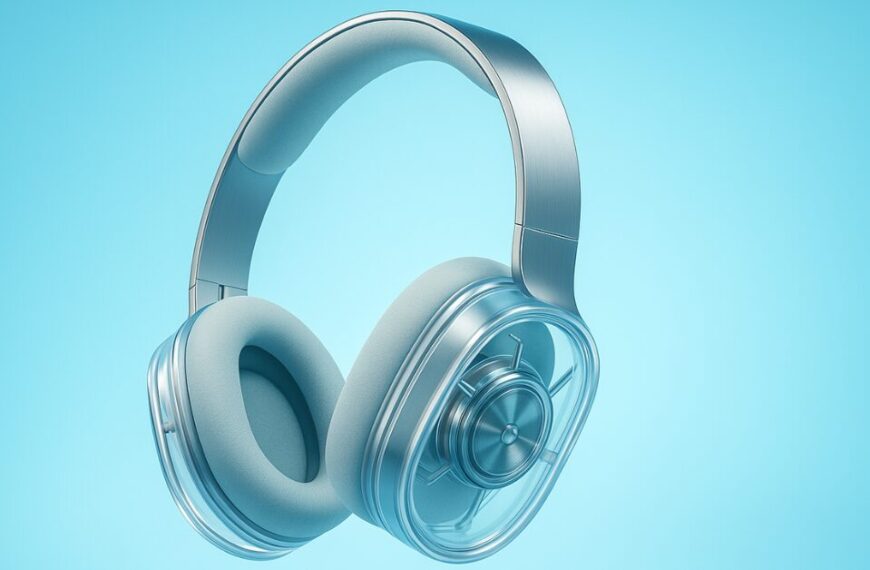3D-rendered image of Nothing Headphone 1 floating against a glowing sky-blue background, with transparent earcups revealing inner components and a metallic headband
