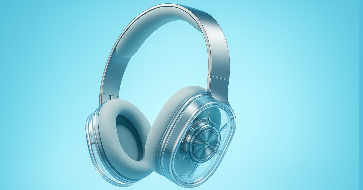3D-rendered image of Nothing Headphone 1 floating against a glowing sky-blue background, with transparent earcups revealing inner components and a metallic headband