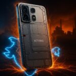 AI-generated image of a futuristic Nothing Phone 3 concept with a transparent back and triple-camera layout, showcased above a glowing electric map of India with an industrial skyline and radiant energy pulses in the background.