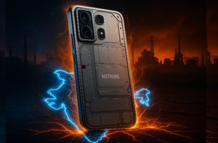 AI-generated image of a futuristic Nothing Phone 3 concept with a transparent back and triple-camera layout, showcased above a glowing electric map of India with an industrial skyline and radiant energy pulses in the background.
