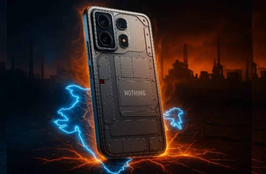 AI-generated image of a futuristic Nothing Phone 3 concept with a transparent back and triple-camera layout, showcased above a glowing electric map of India with an industrial skyline and radiant energy pulses in the background.