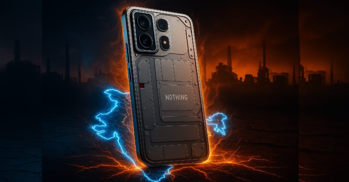 AI-generated image of a futuristic Nothing Phone 3 concept with a transparent back and triple-camera layout, showcased above a glowing electric map of India with an industrial skyline and radiant energy pulses in the background.