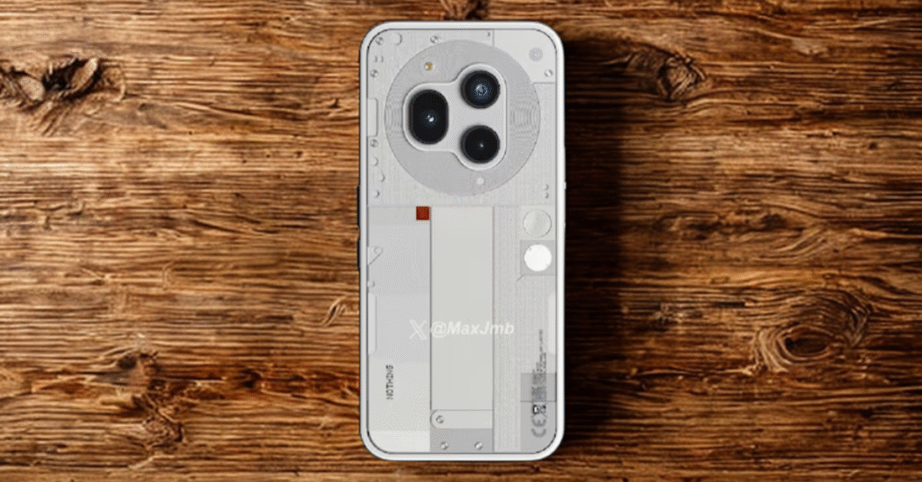 Nothing Phone 3 design render placed on a wooden table showcasing its transparent back and triple camera module