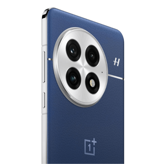 Close-up of the OnePlus 13's Hasselblad camera module in blue variant with quad-lens setup
