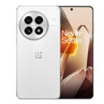 OnePlus 13 in Ceramic White color showing front and rear camera design with Never Settle wallpaper