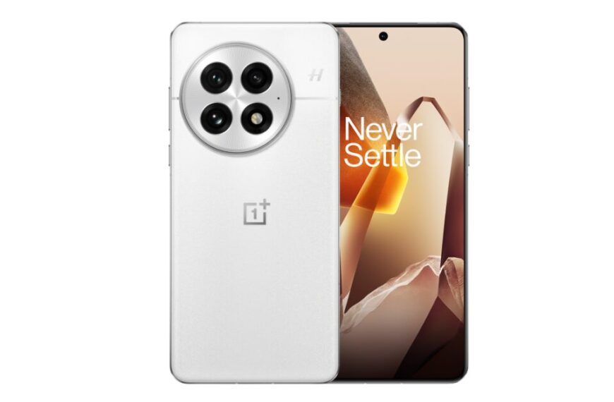 OnePlus 13 in Ceramic White color showing front and rear camera design with Never Settle wallpaper