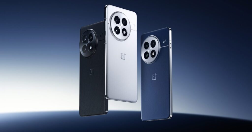 Three OnePlus 13 smartphones floating mid-air in Black, Silver, and Blue variants, showcasing the rear Hasselblad camera design