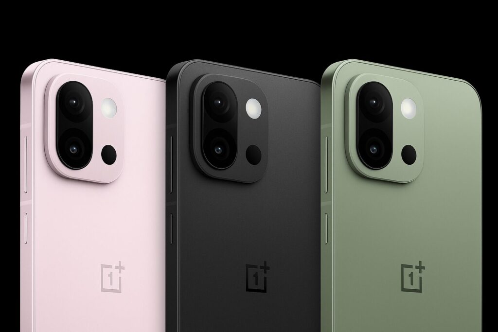Close-up of OnePlus 13s camera module in all three color variants: Pink Satin, Velvet Black, and Silk Green