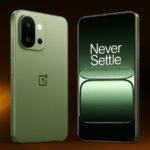 OnePlus 13s in Silk Green color showing front and back design with Never Settle wallpaper