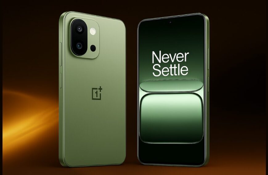OnePlus 13s in Silk Green color showing front and back design with Never Settle wallpaper