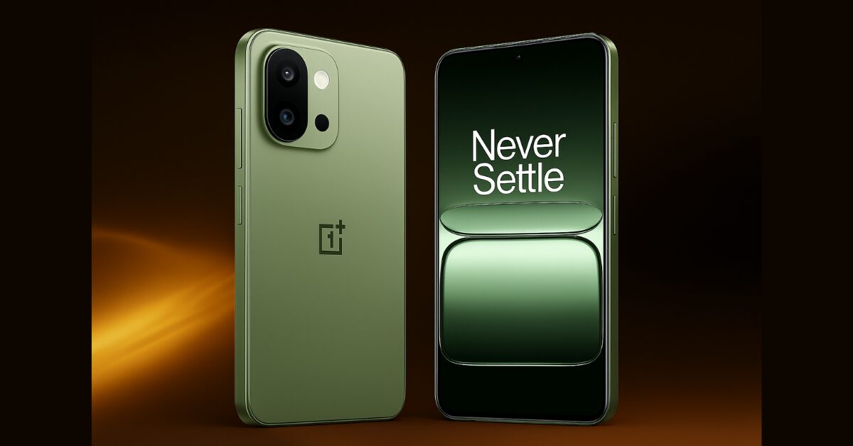 OnePlus 13s in Silk Green color showing front and back design with Never Settle wallpaper