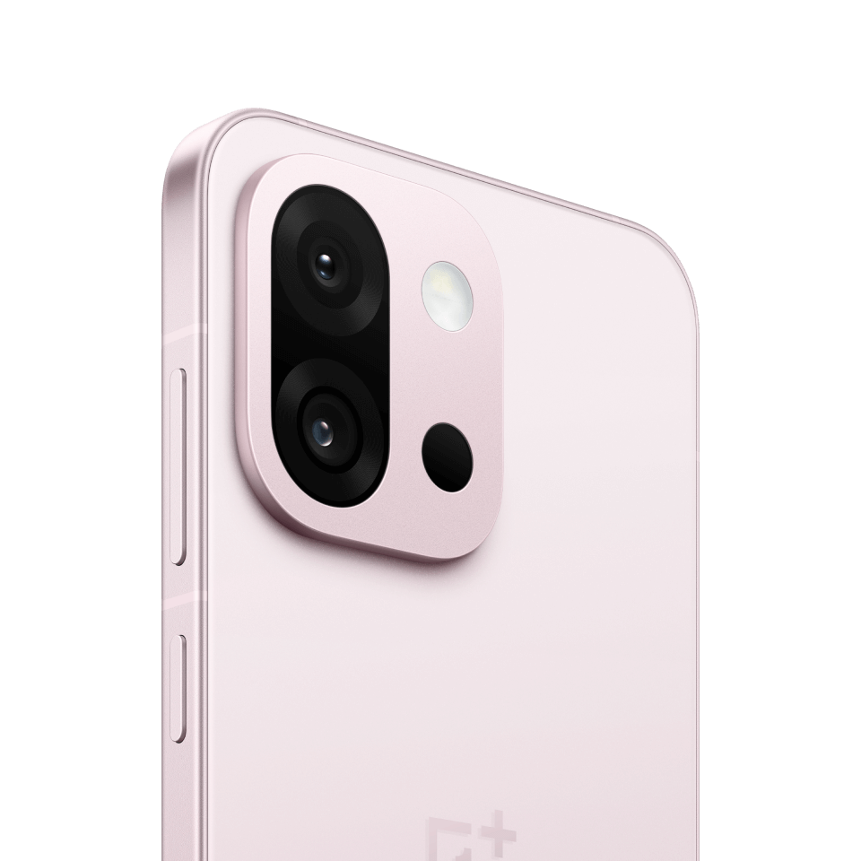 Close-up of OnePlus 13s dual camera system in pink finish