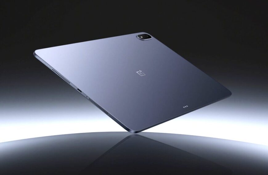 Digital render of the OnePlus Pad 3 floating mid-air, featuring a slim profile, brushed metal back, and a softly lit gradient background.