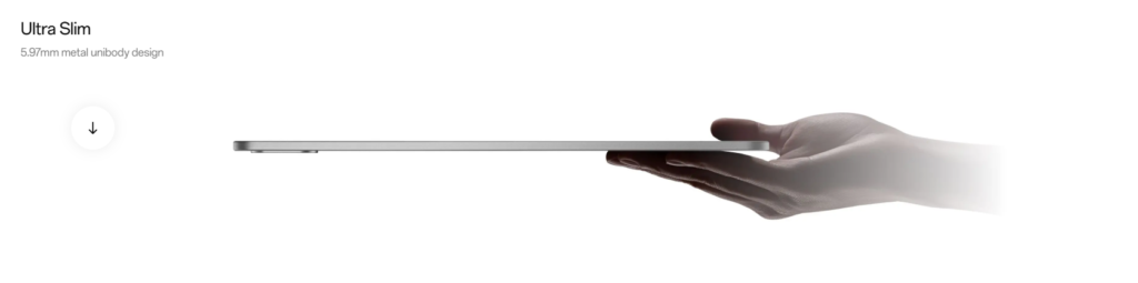 Side profile of OnePlus Pad 3 showcasing its ultra-slim 5.97mm metal unibody design