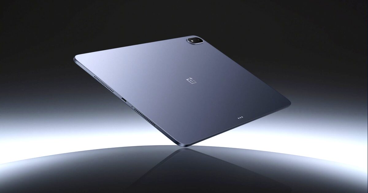 Digital render of the OnePlus Pad 3 floating mid-air, featuring a slim profile, brushed metal back, and a softly lit gradient background.