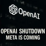 A darkened OpenAI office building at night with glowing white logo, accompanied by bold text saying “OpenAI Shutdown” and “Meta Is Coming”