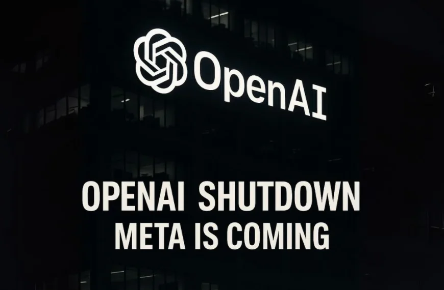A darkened OpenAI office building at night with glowing white logo, accompanied by bold text saying “OpenAI Shutdown” and “Meta Is Coming”