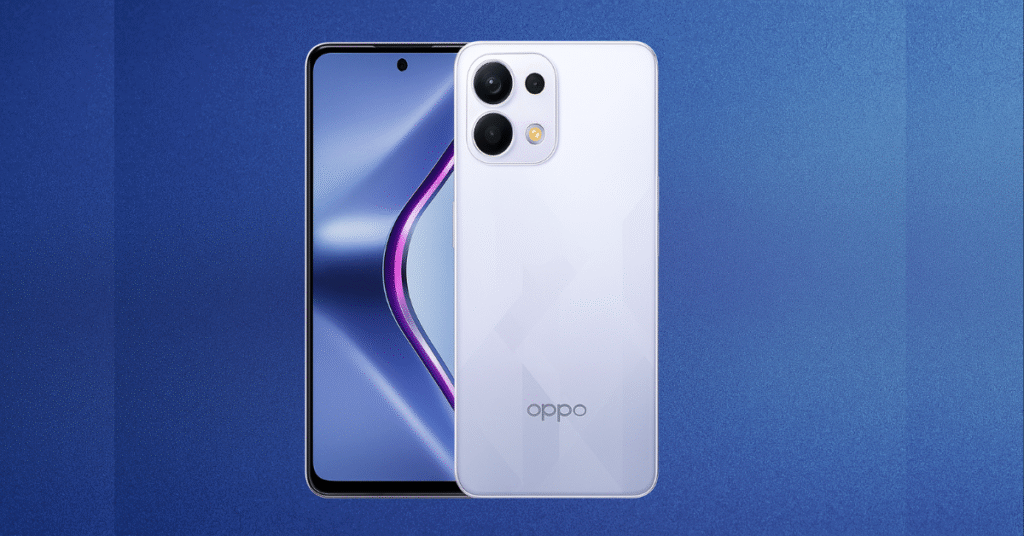 Oppo K13 5G front and back view on a futuristic tech-themed background