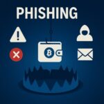 A digital warning graphic showing a smartphone with a suspicious crypto wallet app icon under a glowing red phishing hook, set against a dark tech-themed background.