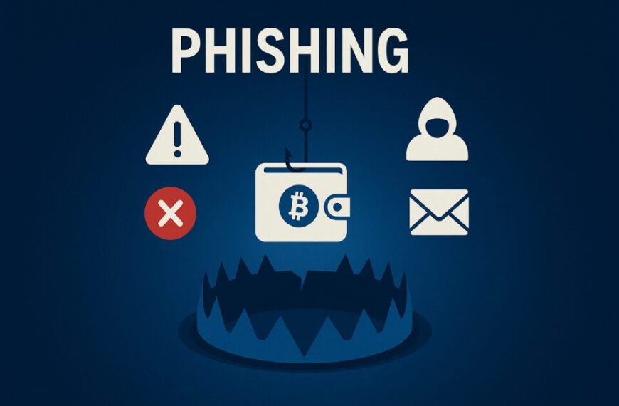 A digital warning graphic showing a smartphone with a suspicious crypto wallet app icon under a glowing red phishing hook, set against a dark tech-themed background.