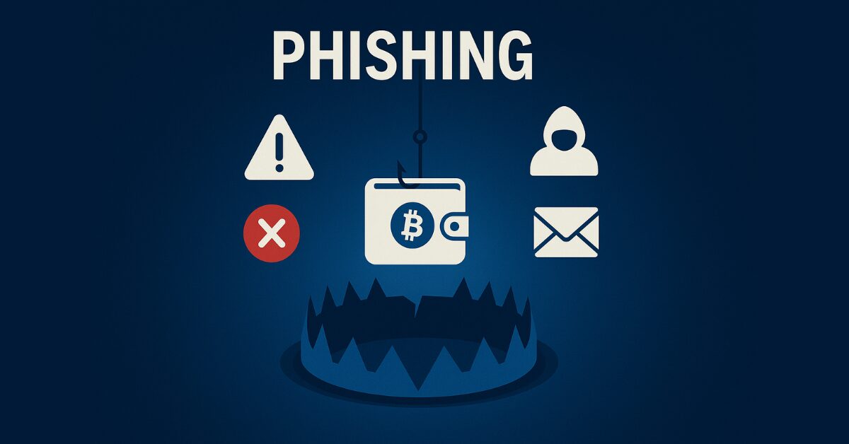 A digital warning graphic showing a smartphone with a suspicious crypto wallet app icon under a glowing red phishing hook, set against a dark tech-themed background.