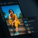 A digital photograph showcases a modern smartphone displaying the Adobe Photoshop Android app interface, with editing layers visible and an image of a woman sitting on stairs being edited.