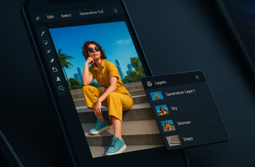 A digital photograph showcases a modern smartphone displaying the Adobe Photoshop Android app interface, with editing layers visible and an image of a woman sitting on stairs being edited.