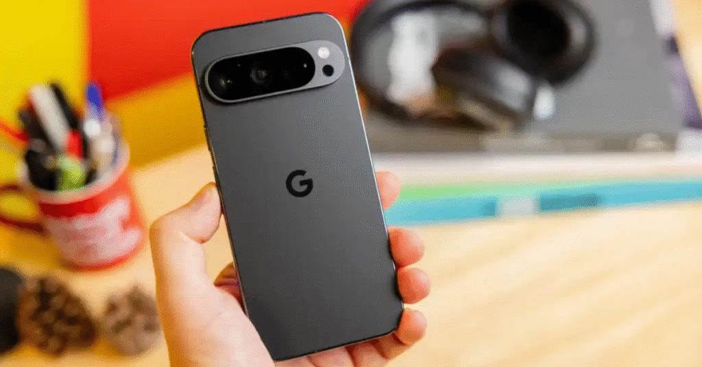Pixel 10 Pro in black color held in hand, showing its signature horizontal camera bar design