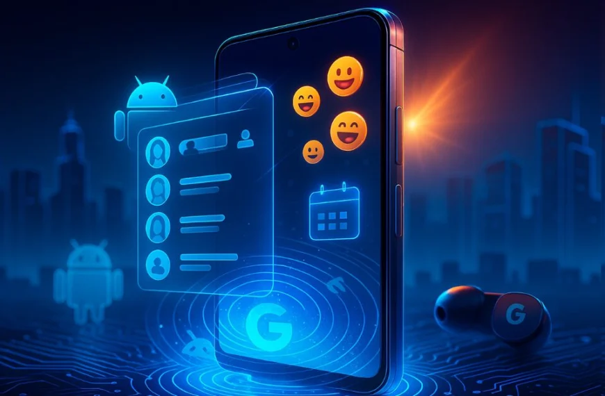 Futuristic Google Pixel phone emerging from a glowing blue circuit board, displaying holographic VIP contacts, AI emoji stickers, and a calendar icon, with a neon city skyline in the background.