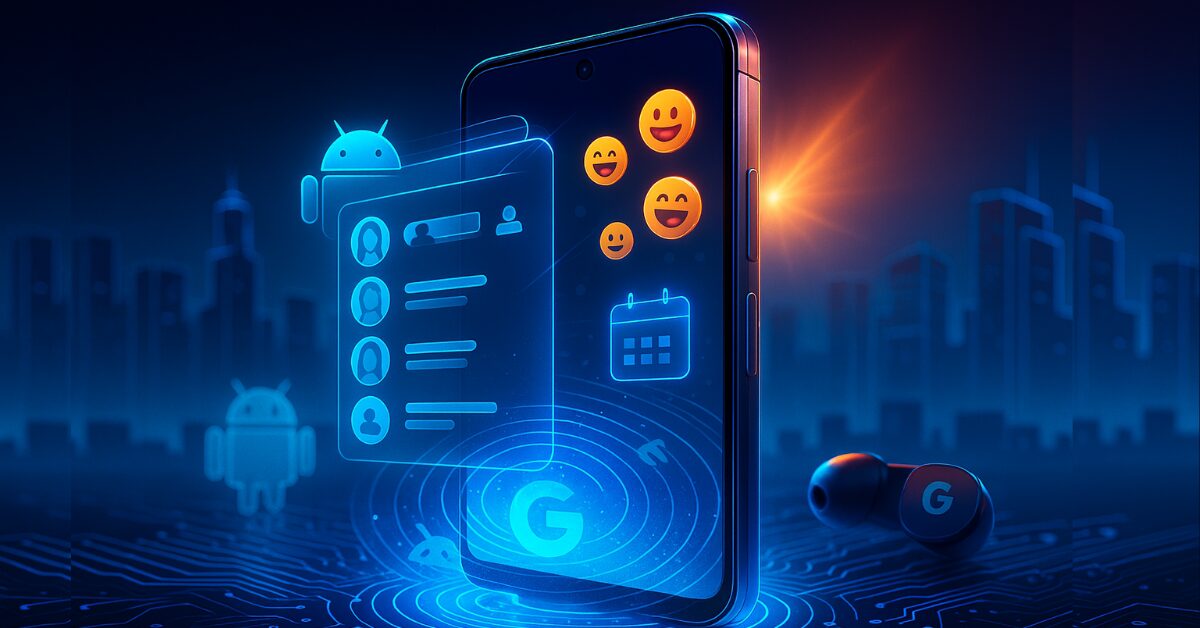 Futuristic Google Pixel phone emerging from a glowing blue circuit board, displaying holographic VIP contacts, AI emoji stickers, and a calendar icon, with a neon city skyline in the background.