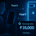 Digital illustration of an Indian man trading his Pixel 8 for a Pixel 9 on Google’s India Store, featuring a glowing UI with ₹35,000 exchange value and a sleek night mode design.