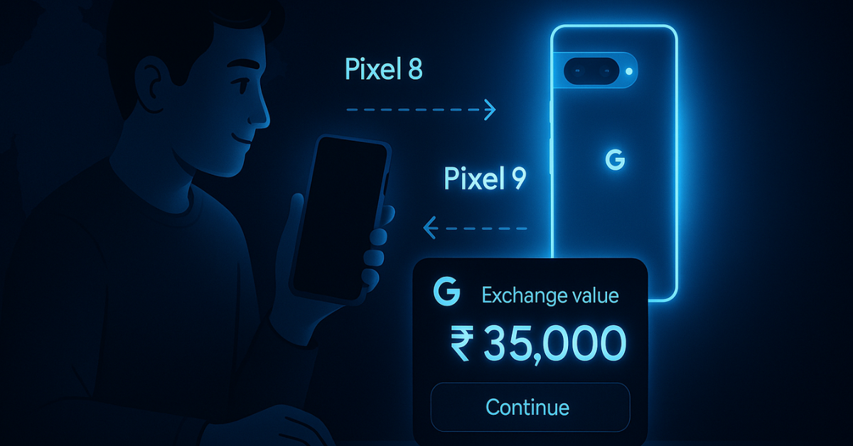 Digital illustration of an Indian man trading his Pixel 8 for a Pixel 9 on Google’s India Store, featuring a glowing UI with ₹35,000 exchange value and a sleek night mode design.