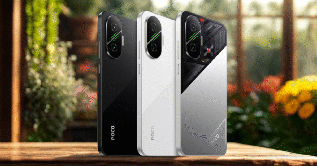 Poco F7 smartphone lineup including black, white, and transparent variants placed on a garden table showcasing rear design and camera modules