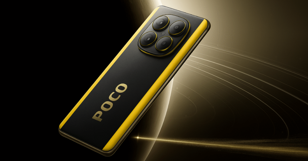 POCO X7 smartphone with black and yellow racing-inspired design on a dramatic cosmic background